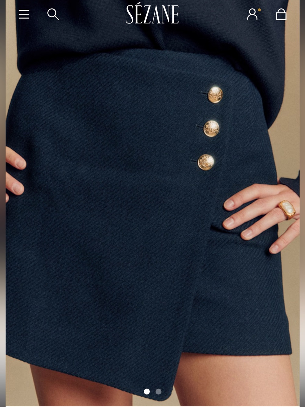 Sezane Peter Navy Wool-Blend Asymmetric Mini Skirt with Gold Buttons